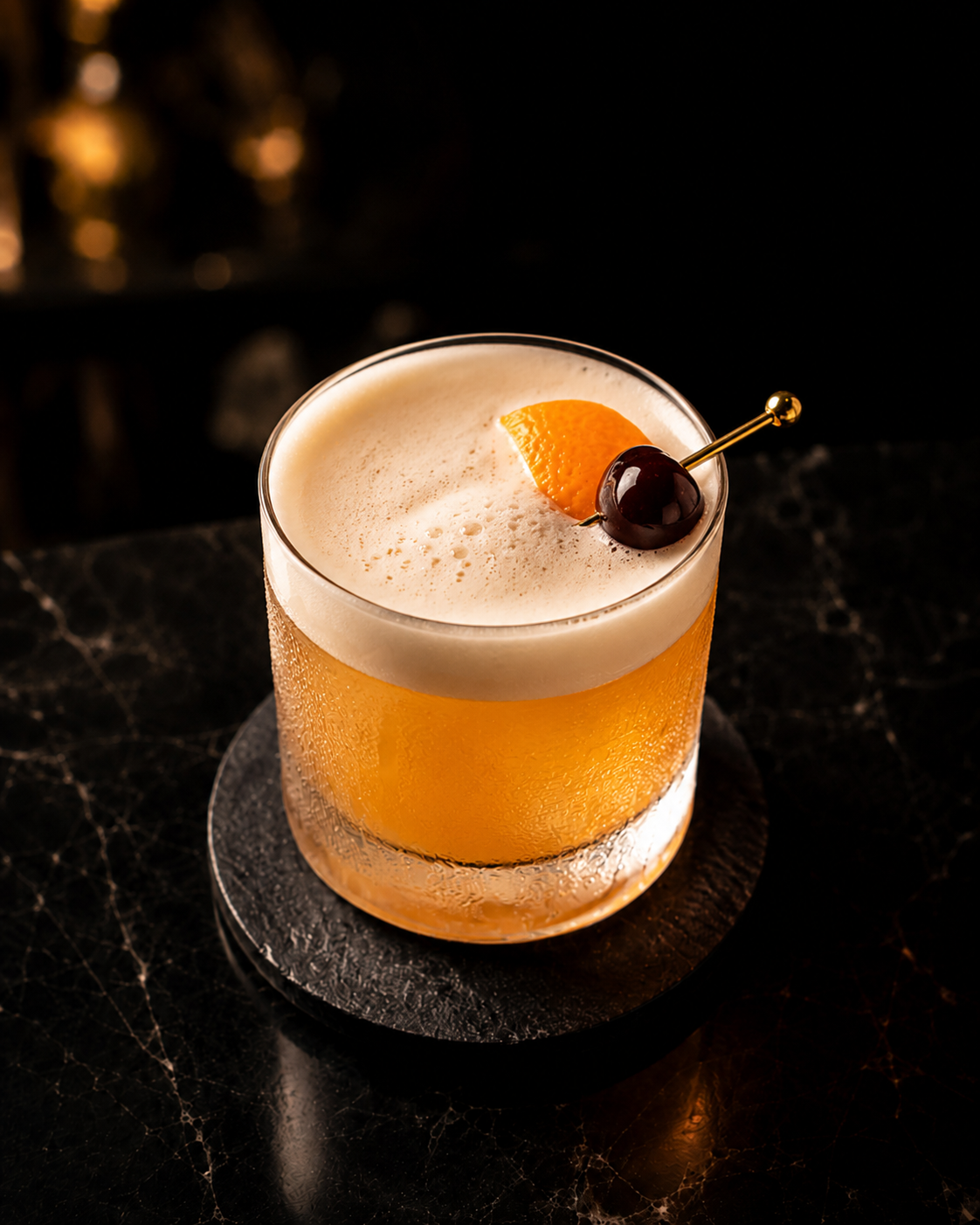 Whiskey sour with silky foam, orange and cherry