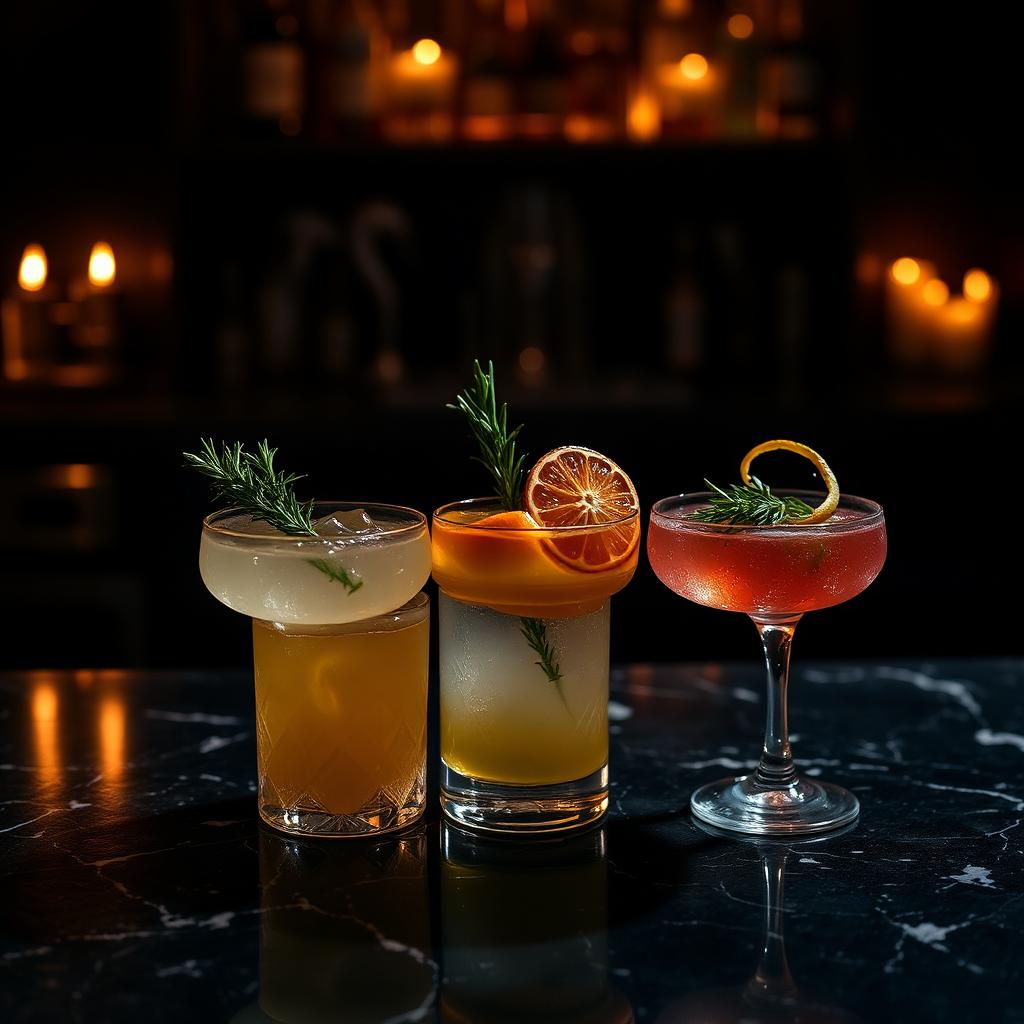 Three signature cocktails on marble bar