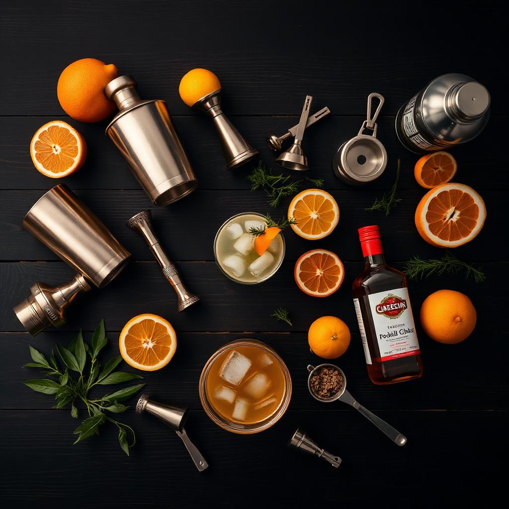 Flat lay of cocktail tools and citrus