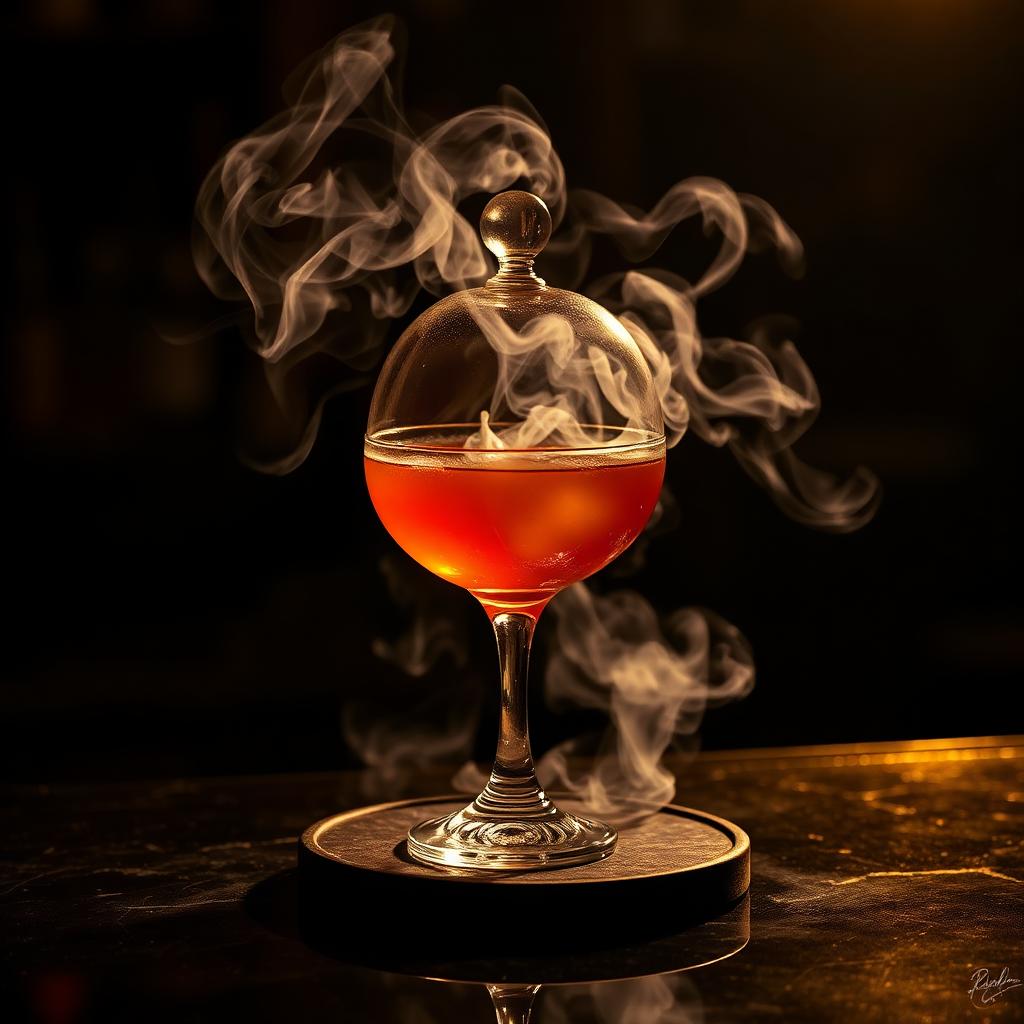 Smoked signature cocktail under a glass dome