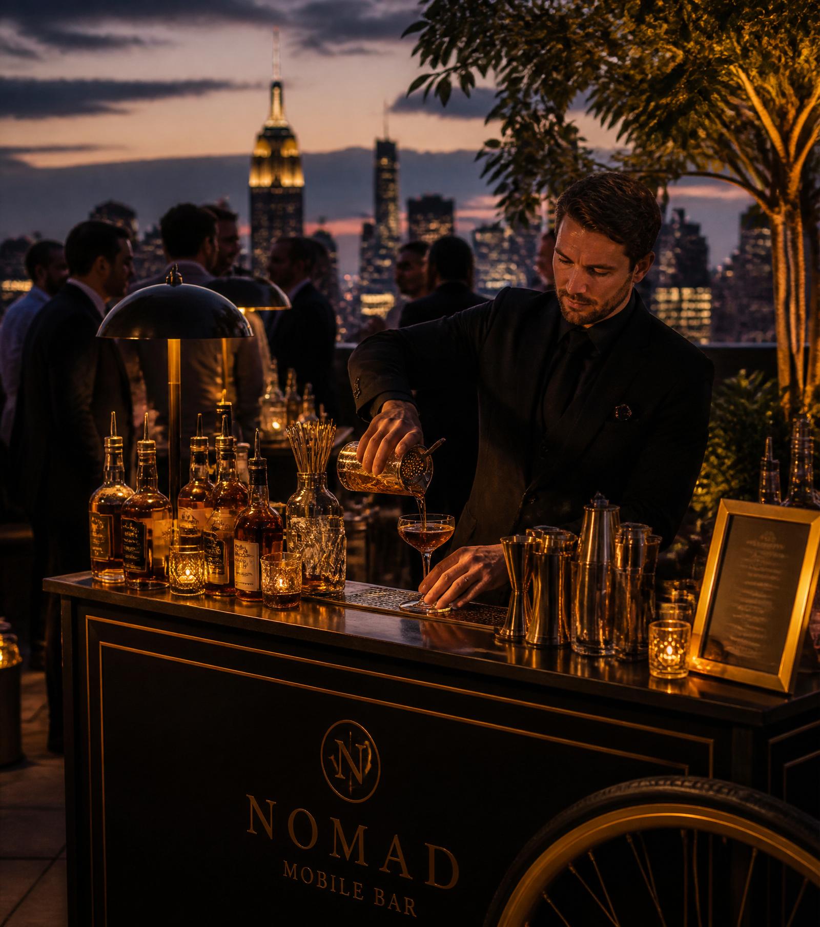 Bartender crafting a cocktail at a rooftop event with the NYC skyline
