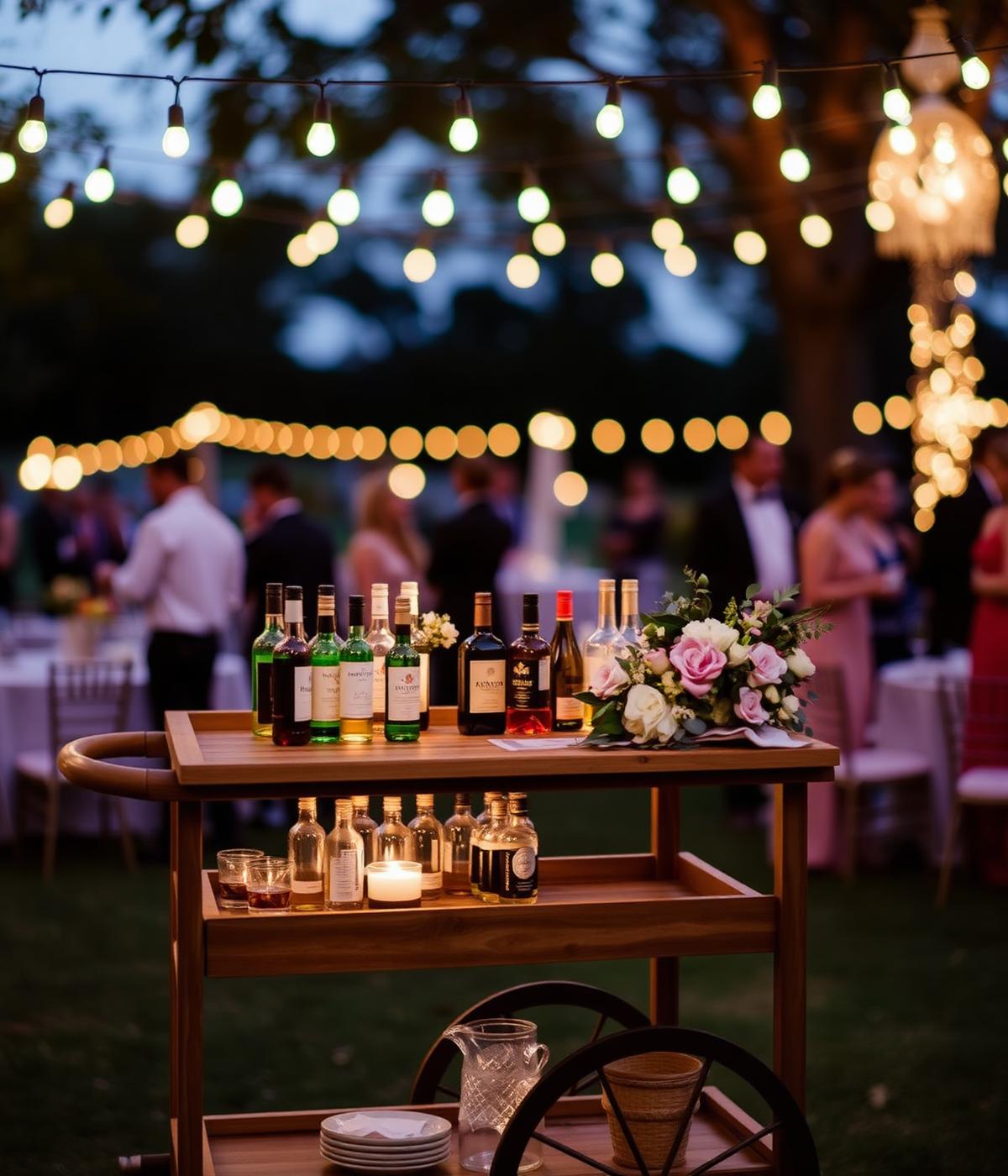 Wooden mobile bar at an outdoor wedding with string lights